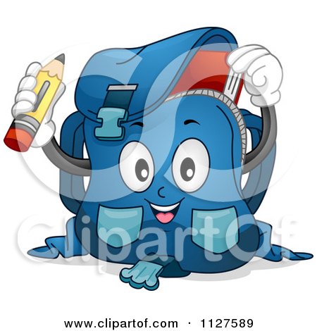 Cartoon Of A Happy School Bag Mascot Holding A Pencil - Royalty Free Vector Clipart by BNP Design Studio