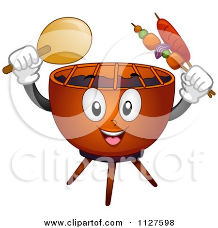 Cartoon Of A Grill Mascot Holding A Fan And Skewers - Royalty Free Vector Clipart by BNP Design Studio