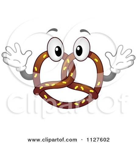 Cartoon Of A Chocolate Soft Pretzel Mascot Holding Up His Hands - Royalty Free Vector Clipart by BNP Design Studio