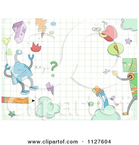 Cartoon Of Doodled Robots And School Items On Graph Paper - Royalty Free Vector Clipart by BNP Design Studio