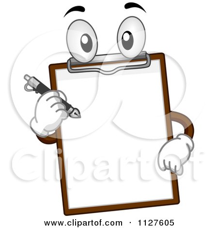 Cartoon Of A Clipboard Mascot Holding A Pen - Royalty Free Vector Clipart by BNP Design Studio
