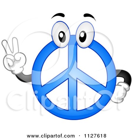 Cartoon Of A Blue Peace Sign Mascot Gesturing - Royalty Free Vector Clipart by BNP Design Studio