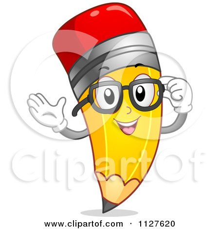 Cartoon Of A Pencil Mascot Adjusting Glasses - Royalty Free Vector Clipart by BNP Design Studio