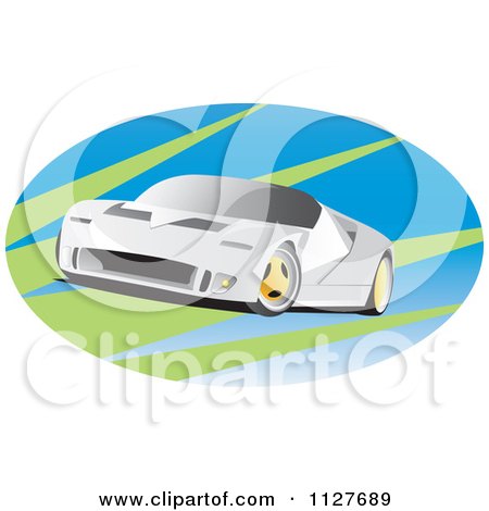 Clipart Of A White Sports Car On A Green And Blue Oval - Royalty Free Vector Illustration by YUHAIZAN YUNUS