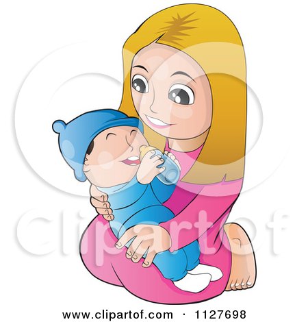 Cartoon Of A Happy Mother Or Girl Kneeling And Holding A Baby - Royalty Free Vector Clipart by YUHAIZAN YUNUS