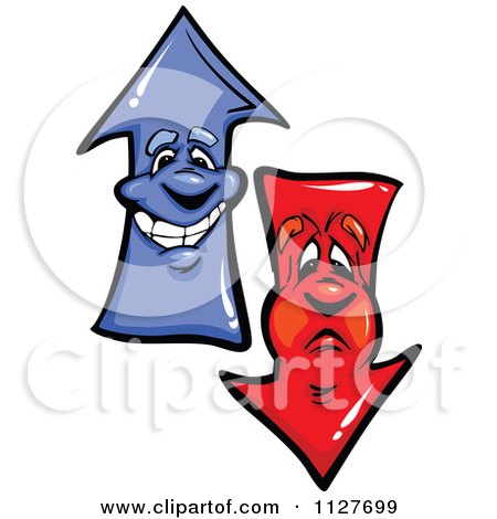 Cartoon Of Happy And Sad Red And Blue Arrow Mascots - Royalty Free Vector Clipart by Chromaco