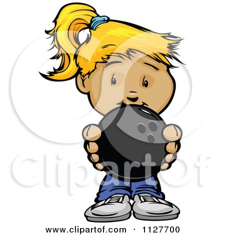 Cartoon Of A Cute Blond Girl Holding A Bowling Ball - Royalty Free Vector Clipart by Chromaco