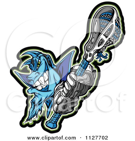 Cartoon Of A Blue Lacrosse Demon Mascot Holding A Stick - Royalty Free Vector Clipart by Chromaco