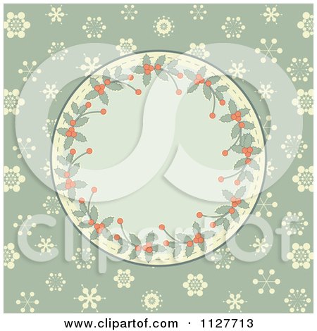 Clipart Of A Retro Holly Christmas Frame Over Snowflakes On Green - Royalty Free Vector Illustration by elaineitalia