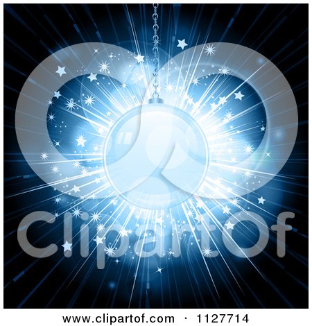 Clipart Of A 3d Blue Christmas Bauble Over A Star Burst On Black - Royalty Free Vector Illustration by elaineitalia