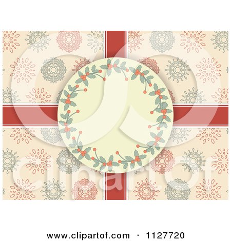 Clipart Of A Retro Holly Christmas Frame Over Ribbons And Snowflakes On Pink - Royalty Free Vector Illustration by elaineitalia