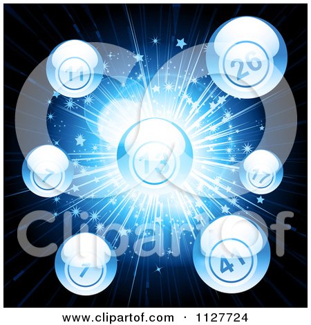 Clipart Of A 3d Blue Bingo Ball Explosion On Black - Royalty Free Vector Illustration by elaineitalia