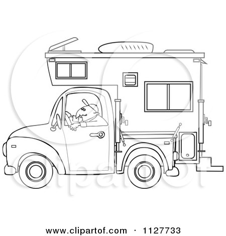 Cartoon Of An Outlined Man Driving A Pickup With A Camper - Royalty Free Vector Clipart by djart