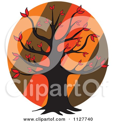 Cartoon Of An Autumn Tree Over Diagonal Stripes On A Circle - Royalty Free Vector Clipart by djart