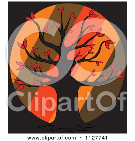 Cartoon Of An Autumn Tree Over Diagonal Stripes On Black - Royalty Free Vector Clipart by djart