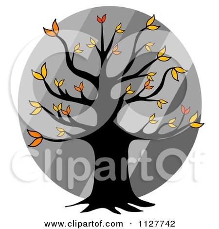 Cartoon Of An Autumn Tree Over Diagonal Gray Stripes - Royalty Free Clipart by djart