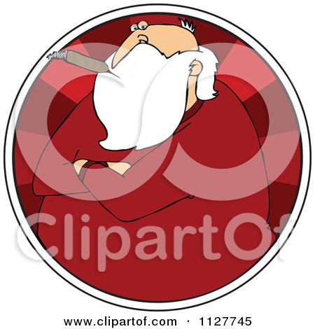 Cartoon Of A Grouchy Santa Smoking A Cigar In A Red Circle - Royalty Free Vector Clipart by djart