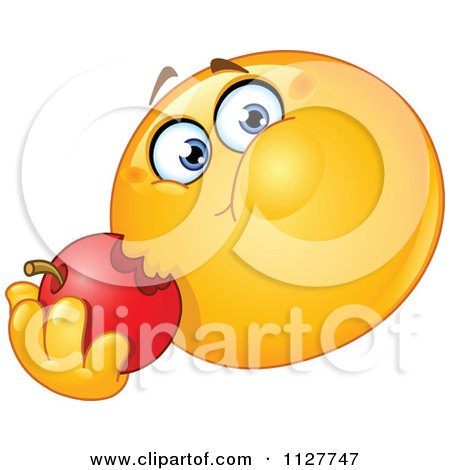 Cartoon Of A Hungry Smiley Emoticon Eating An Apple - Royalty Free Vector Clipart by yayayoyo