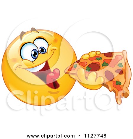 Cartoon Of A Hungry Smiley Emoticon Eating Pizza - Royalty Free Vector Clipart by yayayoyo