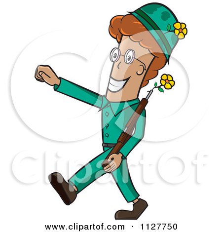 Cartoon Of A Cheerful Soldier With Flowers For Make Love Not War - Royalty Free Vector Clipart by Paulo Resende