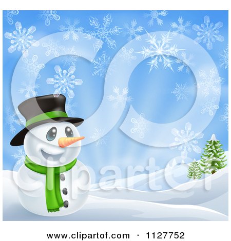 Cartoon Of A Happy Snowman In A Scarf And Top Hat In A Winter Landscape - Royalty Free Vector Clipart by AtStockIllustration