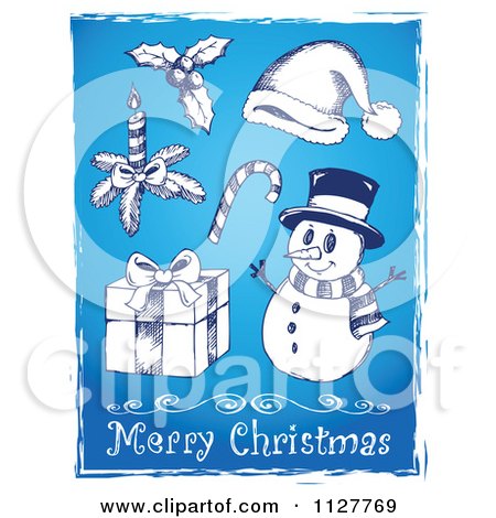 Cartoon Of A Merry Christmas Greeting And Sketched Items On Blue - Royalty Free Vector Clipart by visekart