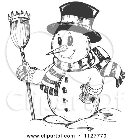Cartoon Of A Sketched Christmas Snowman In A Top Hat And Scarf Holding A Broom - Royalty Free Vector Clipart by visekart