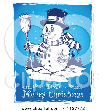 Cartoon Of A Merry Christmas Greeting And Sketched Snowman On Blue - Royalty Free Vector Clipart by visekart
