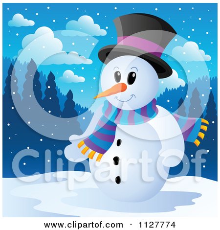 Cartoon Of A Christmas Snowman In A Top Hat And Scarf In The Snow - Royalty Free Vector Clipart by visekart