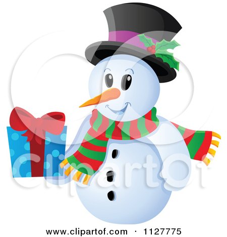 Cartoon Of A Christmas Snowman Holding A Present 1 - Royalty Free Vector Clipart by visekart