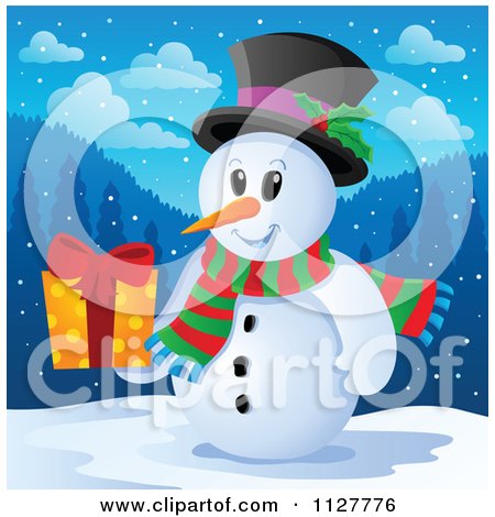 Cartoon Of A Christmas Snowman Holding A Present 2 - Royalty Free Vector Clipart by visekart