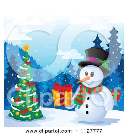 Cartoon Of A Christmas Snowman Holding A Present 3 - Royalty Free Vector Clipart by visekart