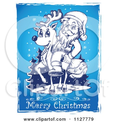 Cartoon Of A Merry Christmas Greeting And Sketched Santa On A Reindeer On Blue - Royalty Free Vector Clipart by visekart