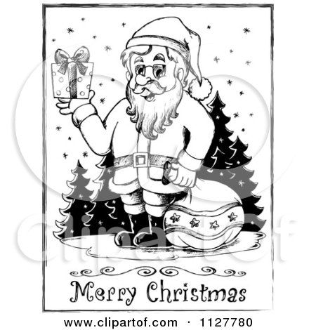 Cartoon Of A Merry Christmas Greeting And Sketched Santa In The Snow In Black And White - Royalty Free Vector Clipart by visekart