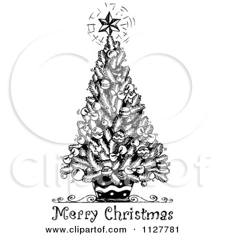 Cartoon Of A Merry Christmas Greeting And Sketched Tree In Black And White - Royalty Free Vector Clipart by visekart