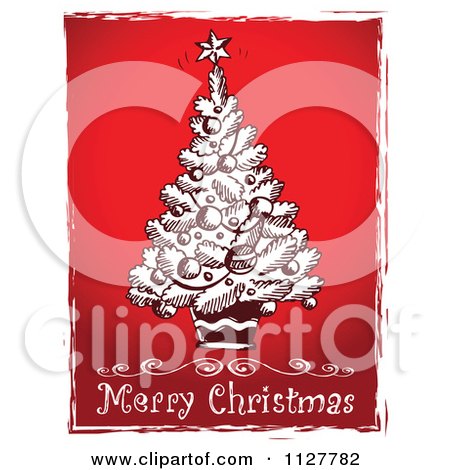 Cartoon Of A Merry Christmas Greeting And Sketched Tree Over Red - Royalty Free Vector Clipart by visekart