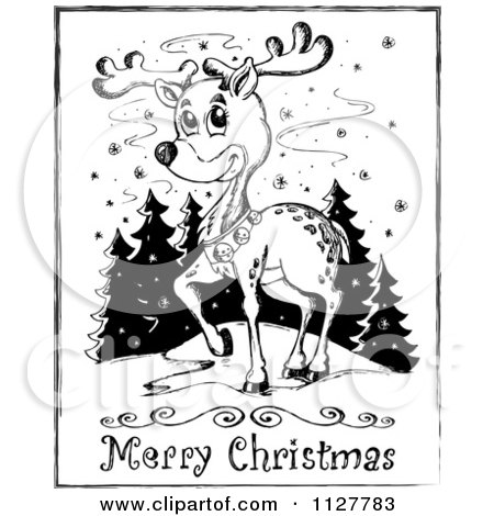 Cartoon Of A Merry Christmas Greeting And Sketched Reindeer In Black And White - Royalty Free Vector Clipart by visekart