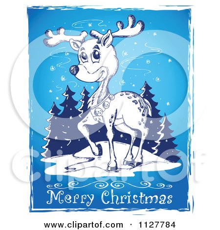 Cartoon Of A Merry Christmas Greeting And Sketched Reindeer Over Blue - Royalty Free Vector Clipart by visekart