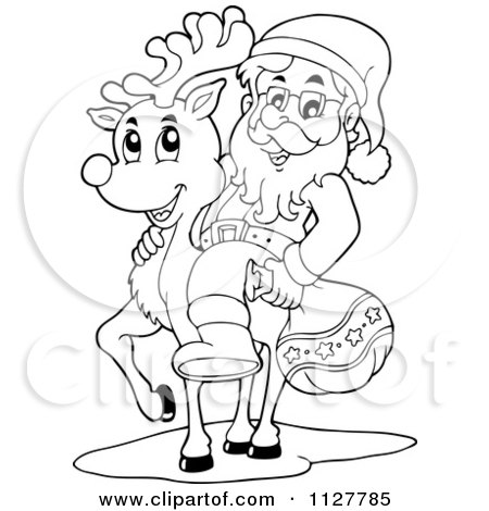 Cartoon Of An Outlined Santa Carrying A Bag And Presenting Over A Surface - Royalty Free Vector Clipart by visekart
