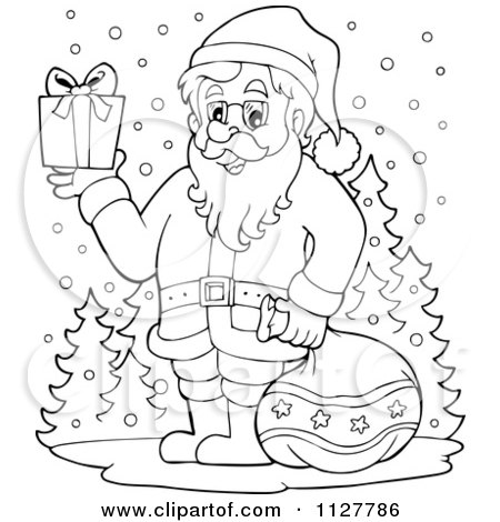 Cartoon Of An Outlined Santa Holding A Christmas Gift In The Snow - Royalty Free Vector Clipart by visekart
