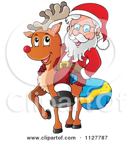 Cartoon Of Santa Carrying A Bag And Riding A Reindeer - Royalty Free Vector Clipart by visekart
