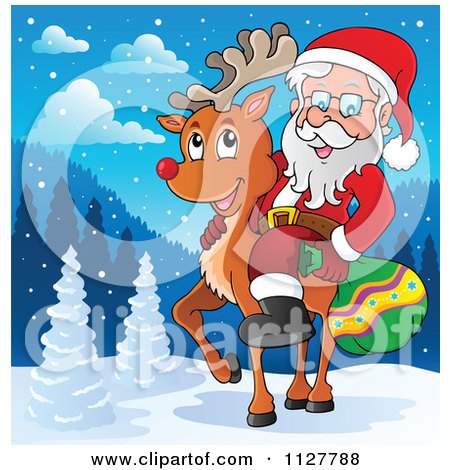 Cartoon Of Santa Carrying A Bag And Riding A Reindeer In The Snow - Royalty Free Vector Clipart by visekart