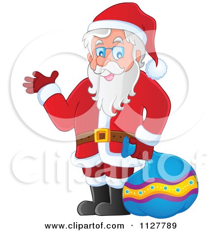 Cartoon Of Santa Carrying A Bag And Presenting - Royalty Free Vector Clipart by visekart