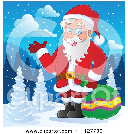 Cartoon Of Santa Carrying A Bag And Presenting In The Snow - Royalty Free Vector Clipart by visekart