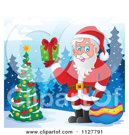Cartoon Of Santa Holding A Gift By An Outdoor Christmas Tree - Royalty Free Vector Clipart by visekart
