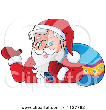 Cartoon Of Santa Carrying A Bag And Presenting Over A Surface - Royalty Free Vector Clipart by visekart