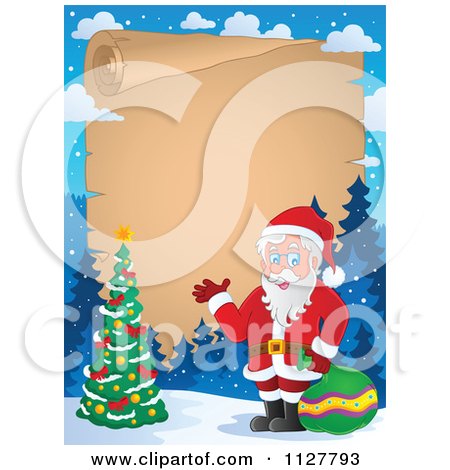 Cartoon Of Christmas Frame Of Santa And A Christmas Tree By Parchment - Royalty Free Vector Clipart by visekart