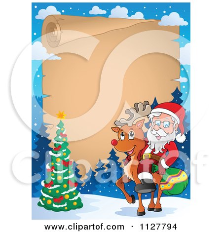 Cartoon Of Christmas Frame Of Santa On A Reindeer By A Christmas Tree Over Parchment - Royalty Free Vector Clipart by visekart