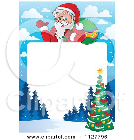 Cartoon Of Christmas Frame Of Santa Over A Winter Scene And Christmas Tree Border - Royalty Free Vector Clipart by visekart