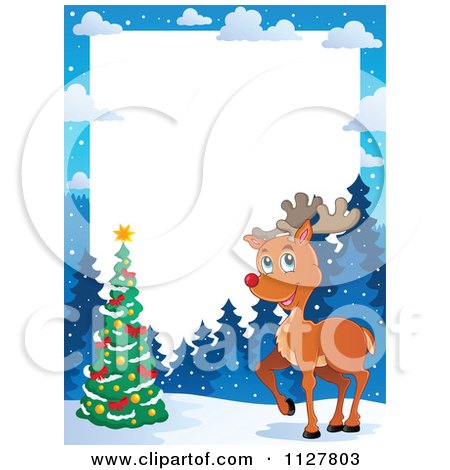 Cartoon Of A Christmas Reindeer And Tree Frame - Royalty Free Vector Clipart by visekart